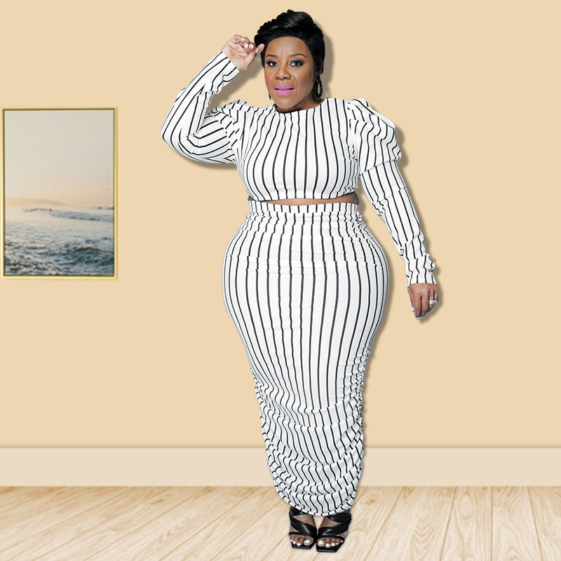 Women Clothing Summer Striped Printed Bubble Long Sleeve Casual Suit