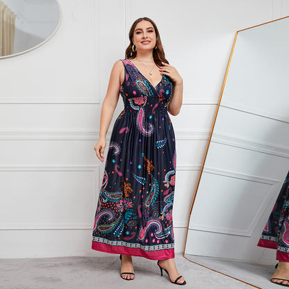 Plus Size Dress Deep V-neck Elastic Waist Plump Girls Cinched Slimming Maxi Dress