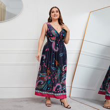 Load image into Gallery viewer, Plus Size Dress Deep V-neck Elastic Waist Plump Girls Cinched Slimming Maxi Dress