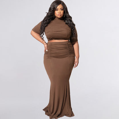 Solid Color Short Sleeve Casual Two-Piece Suit Plus Size Women Suit