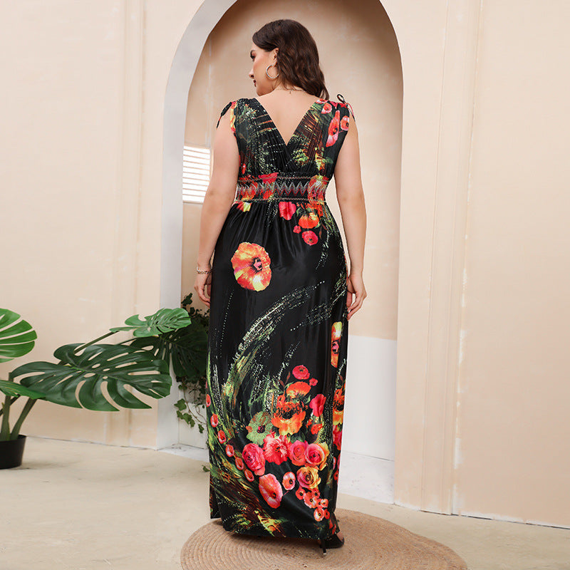 Girls plus Size Ice Silk Printed Dress Bohemian plus-Sized plus Size V neck Maxi Dress
