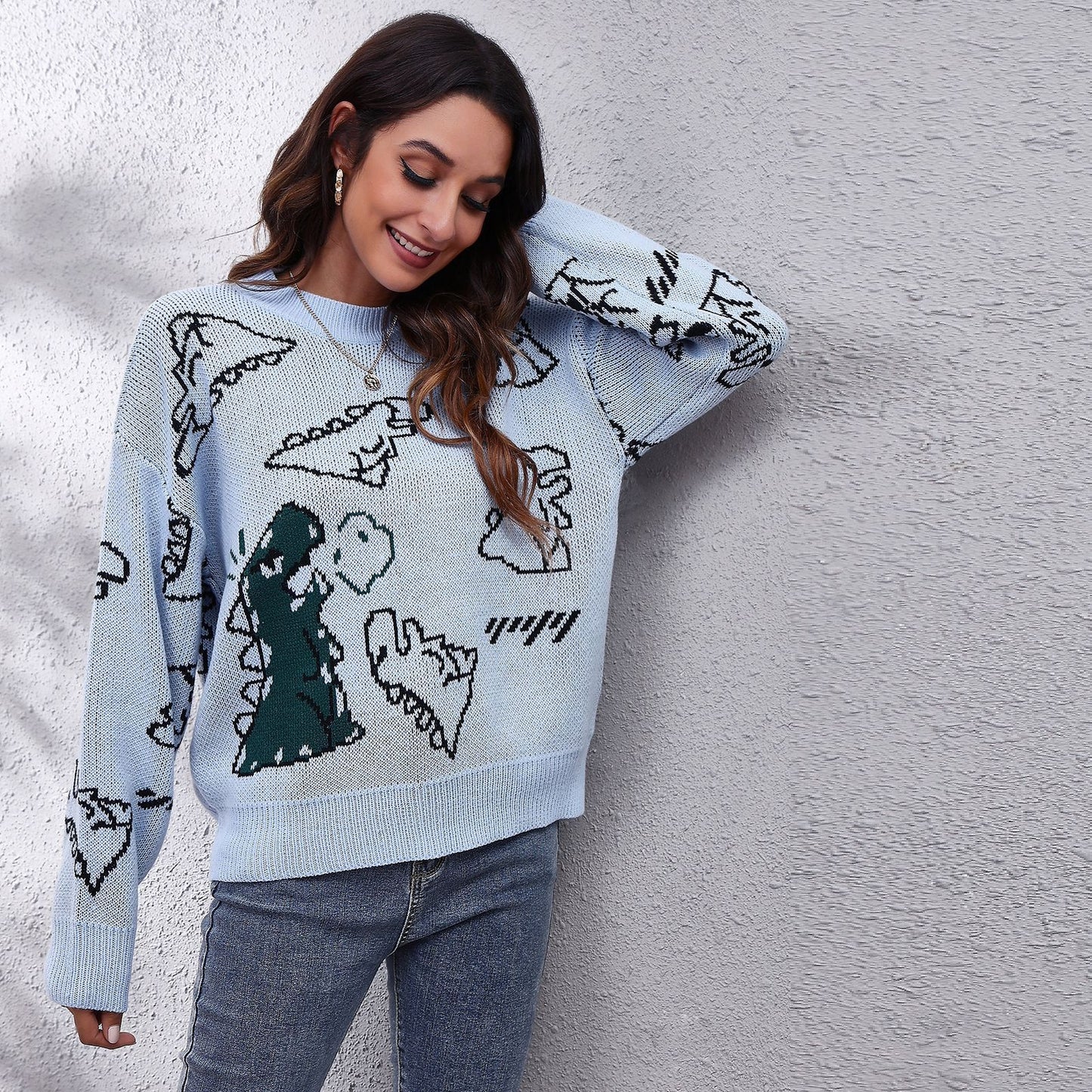 Popular Dinosaur Cartoon Drop-Shoulder Long-Sleeve Knitted Sweater Women Loose Autumn Winter New  Women  Clothing