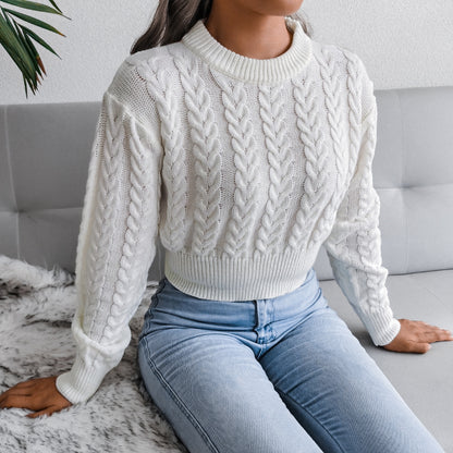Autumn Winter 2022 Solid Color Twist Knitted Long Sleeve round Neck Cinched Waist Pullover Sexy Sexy Sweater for Women