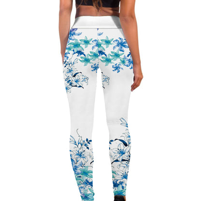 Sportswear Blue Floral Fitness Clothes High Elastic Hip Raise Skinny Trousers Yoga Clothes for Women