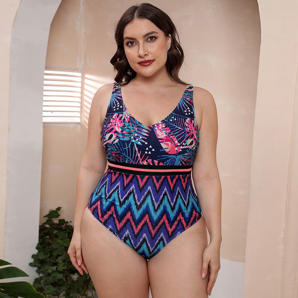 Spring Vacation Striped Vest Swimsuit Printed Plus Size One-Piece Women Swimsuit