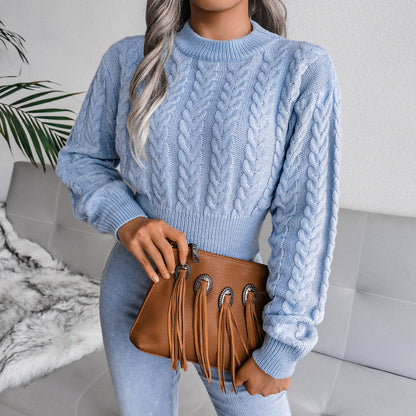Autumn Winter 2022 Solid Color Twist Knitted Long Sleeve round Neck Cinched Waist Pullover Sexy Sexy Sweater for Women