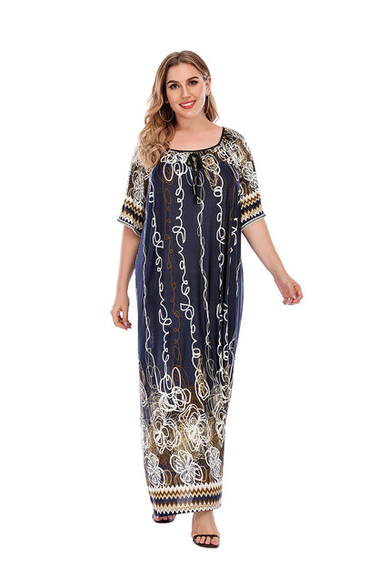 Plus Size Women Loose Home Wear Short Sleeve Dress Floral Print Maxi Dress