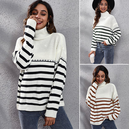 Big Brand  Same Style Striped Stitching Drop Shoulder Turtleneck Knitting Sweater Women  Loose Autumn Winter New Women  Clothing