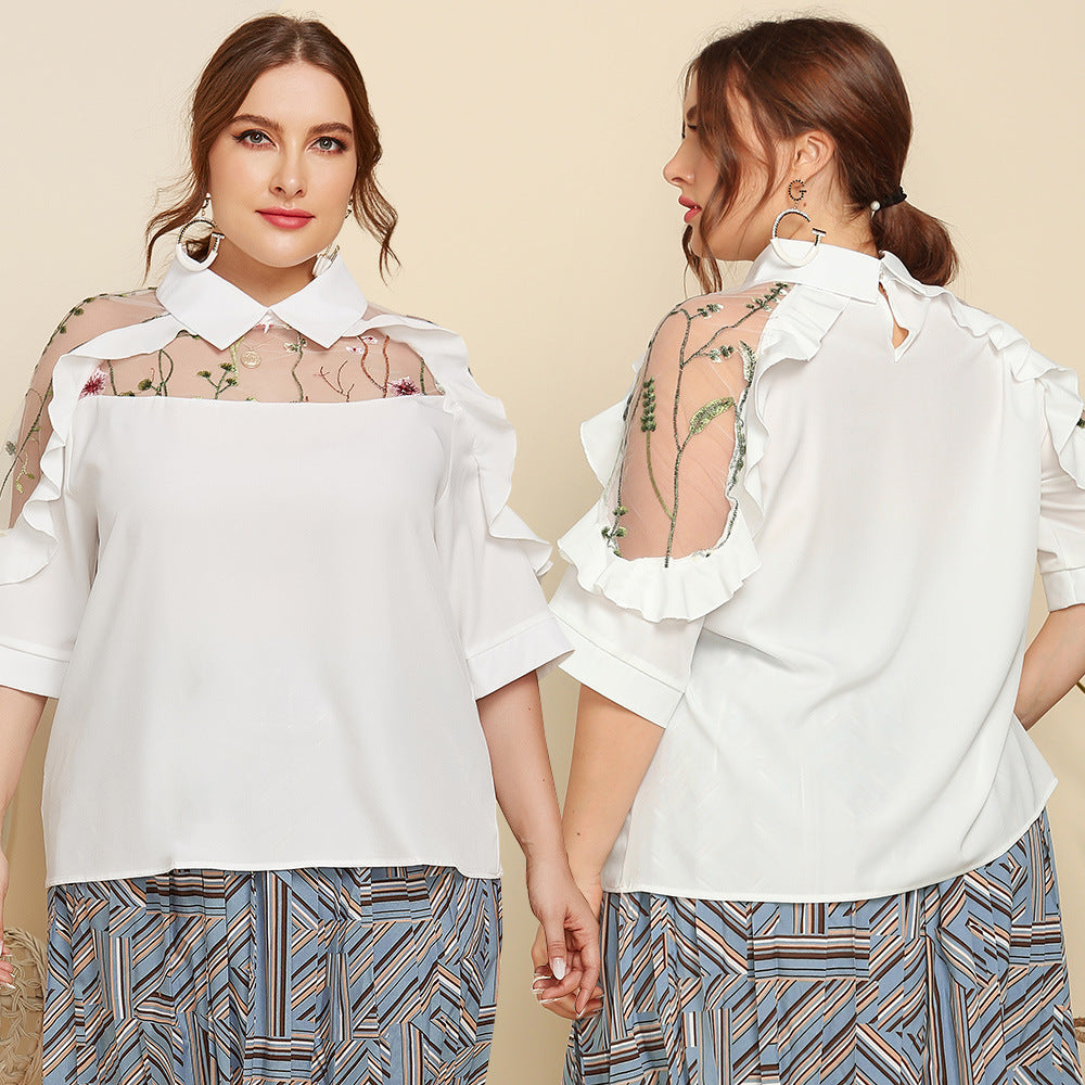plus Size Women Clothing Elegant Lapel See-through Embroidered Stitching Wooden Ear Half Sleeve Shirt