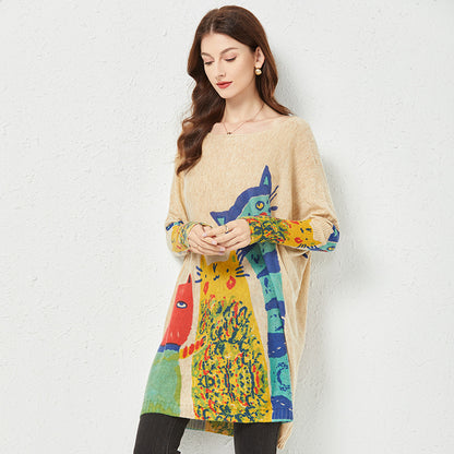 Spring 2022 Mid-Length Slimming Fashion Knitwear Simple Style Cat Printing Loose Sweater for Women