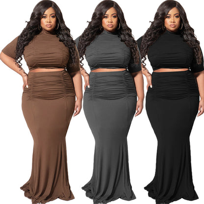 Solid Color Short Sleeve Casual Two-Piece Suit Plus Size Women Suit