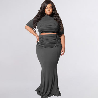 Solid Color Short Sleeve Casual Two-Piece Suit Plus Size Women Suit
