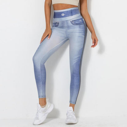 New Digital Printing Denim Blue Tight High Elastic Quick-Drying Yoga Pants Sports Running Fitness Pants for Women