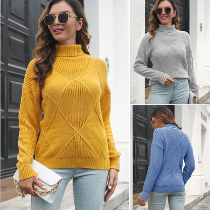 Rhombic Turtleneck Sweater Women Loose Autumn Winter Long Sleeve Knitwear Women Clothing Sweater
