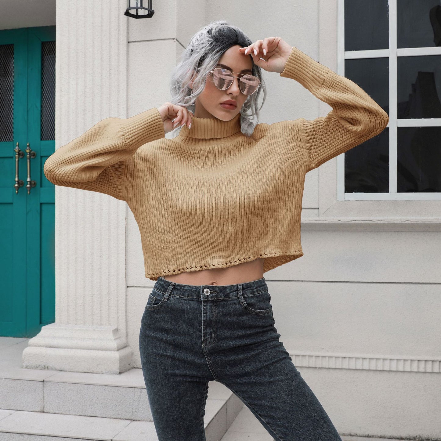 Hollow-out High Neck Short Sweater Women＇s Loose Autumn Winter Long-Sleeved Knitwear Sweater
