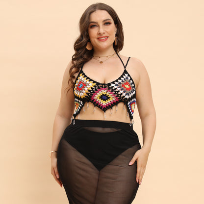 Plus Size Women Clothes Women Top Pure Hand Crocheting Random Color Stitching Pendant Banded Bikini Crochet Patchwork Macthing