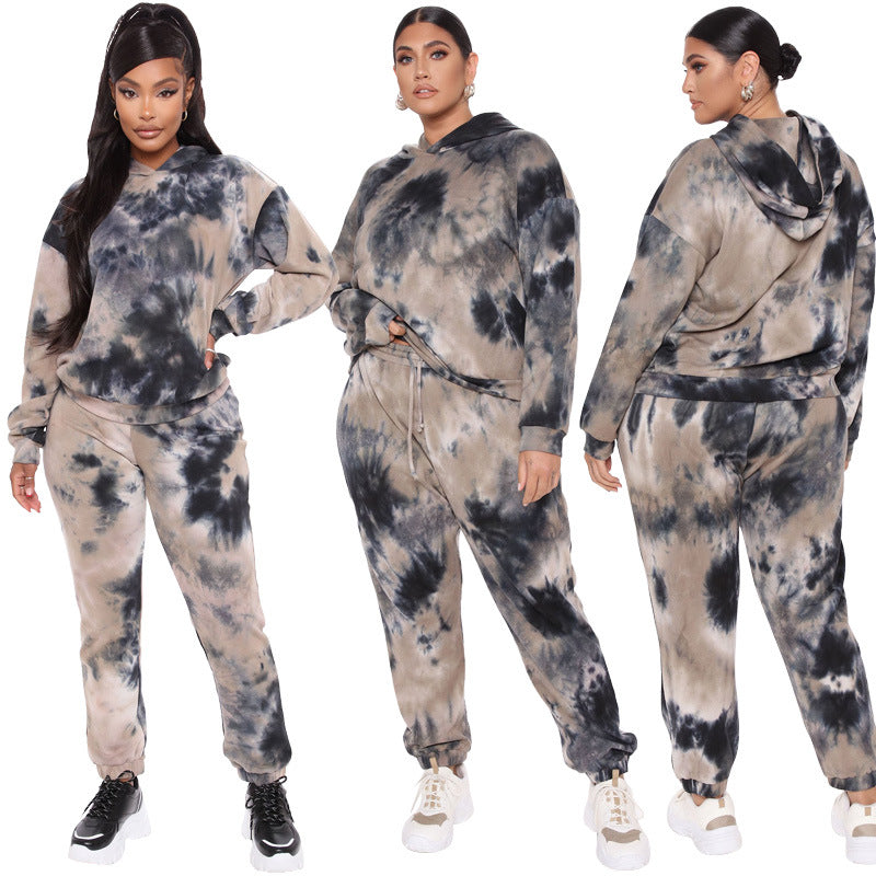 Popular Autumn Sping New Tie-Dyed Loose Hooded Sweater Plus Size Fashion Casual Set Plus Size