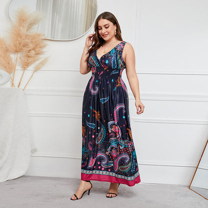 Plus Size Dress Deep V-neck Elastic Waist Plump Girls Cinched Slimming Maxi Dress