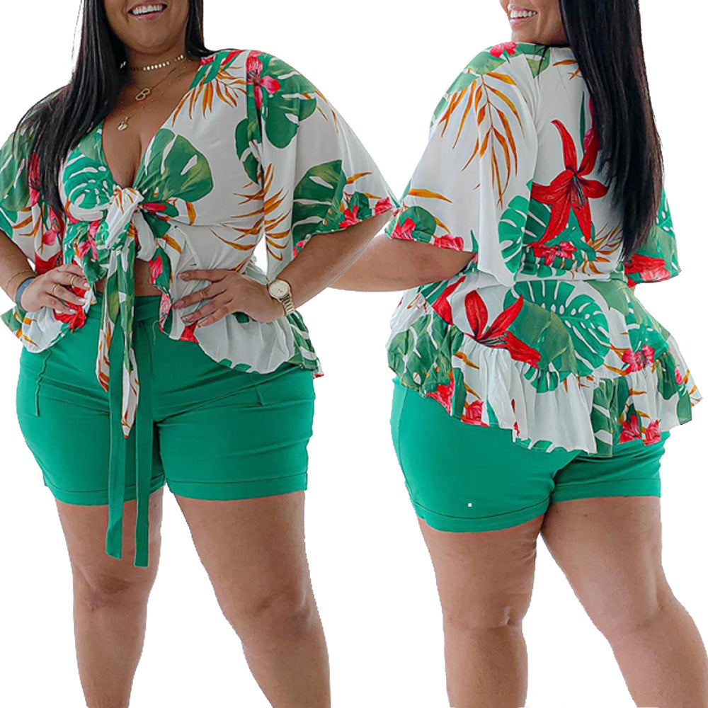 Summer Casual Fashion Printing plus Size Half Sleeve Casual Two-Piece Suit Women