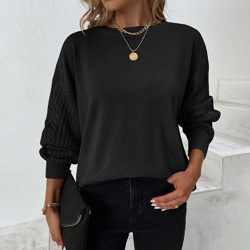 Solid Color round Neck Cable-Knit Sweater 2022 Autumn Winter Lantern Sleeve Sweater for Women