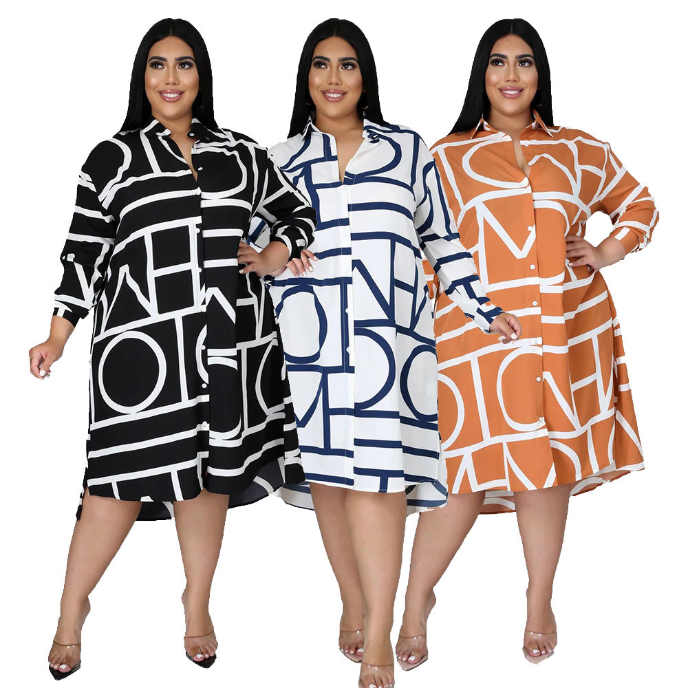 Printing Lapel Long Sleeve Irregular Hem Women Shirt Dress