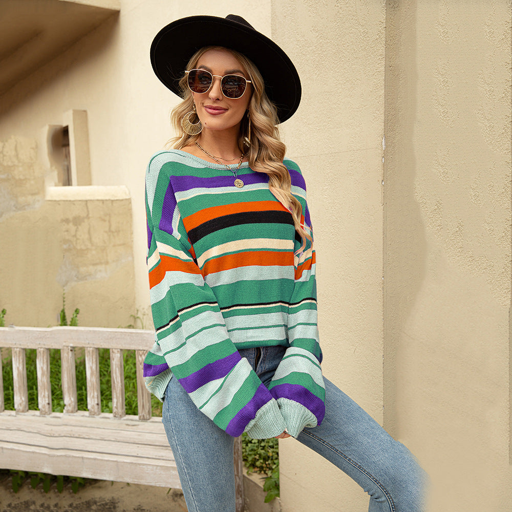 Fall 2022 Women Striped Pullover round Neck Loose Knitted Sweater Sweater