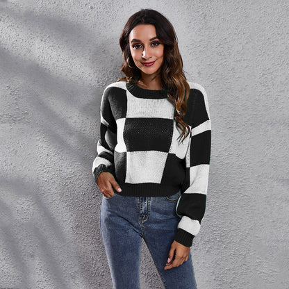 Chessboard Plaid Drop-Shoulder Long-Sleeve Short Loose Knitted Sweater Women  Plaid