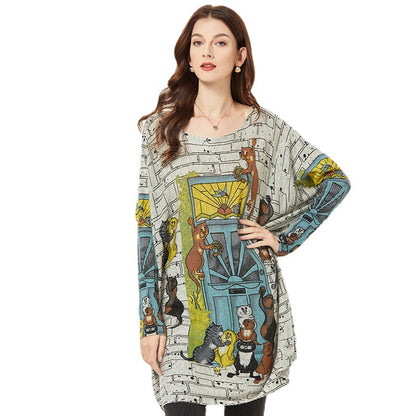Cartoon Printed Sweater Women Loose Outer Wear Idle Style Temperament Top Mid-Length Bottoming Knitwear