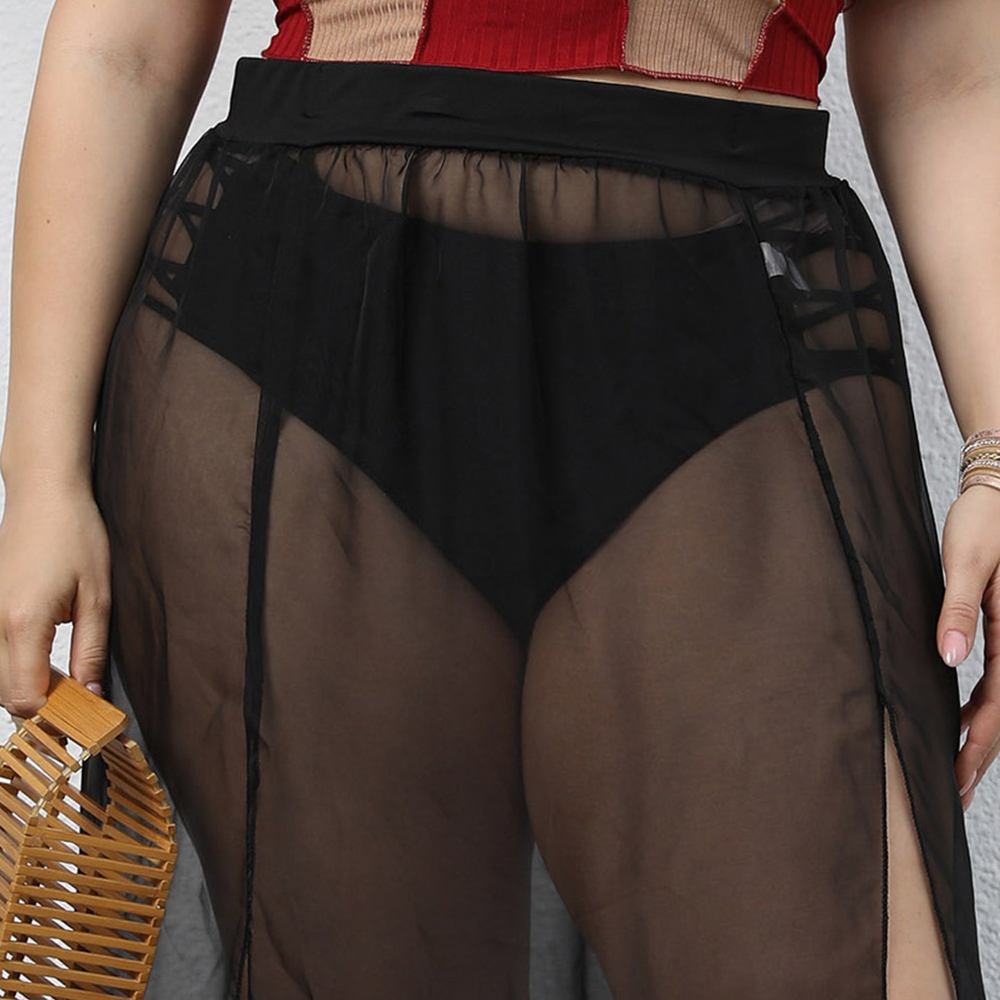 plus Size Women Clothes Elastic Waist Beach Overskirt Sexy Sheer Mesh Split Skirt