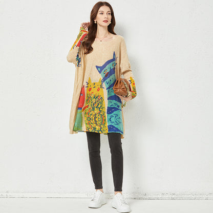 Spring 2022 Mid-Length Slimming Fashion Knitwear Simple Style Cat Printing Loose Sweater for Women