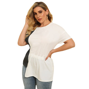 Women  Urban Casual round Neck Striped Stitching Irregular Hem Long Short-Sleeved T-shirt