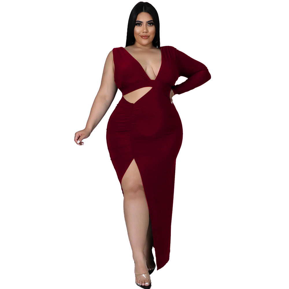 Women Clothing Spring Solid Color Single Sleeve Sexy Hollow Out Cutout Maxi Dress