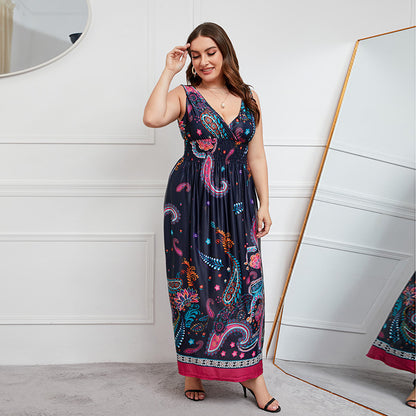 Plus Size Dress Deep V-neck Elastic Waist Plump Girls Cinched Slimming Maxi Dress