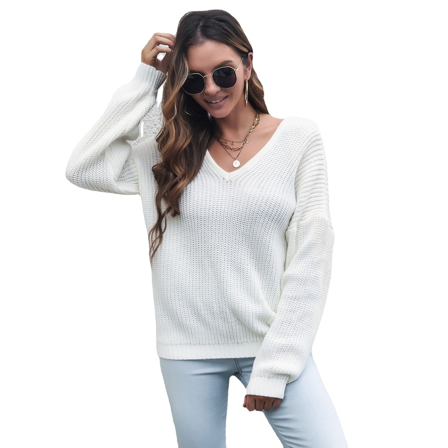 V-neck Loose Sweater Women Autumn Winter Loose Collar Long-Sleeved Knitwear Internet Celebrity Sweater