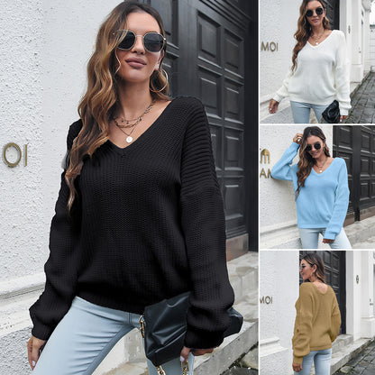 V-neck Loose Sweater Women Autumn Winter Loose Collar Long-Sleeved Knitwear Internet Celebrity Sweater
