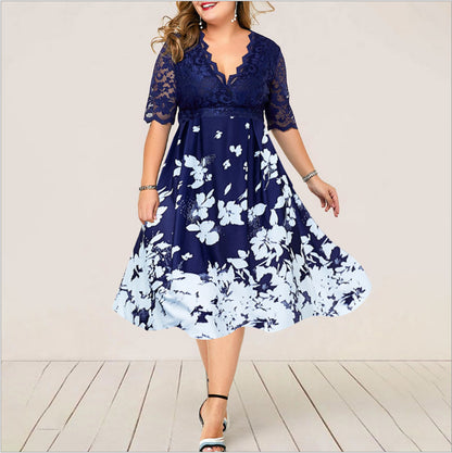 Dress Printed V-neck Lace Stitching Banquet Party plus Size Women Clothing Dress