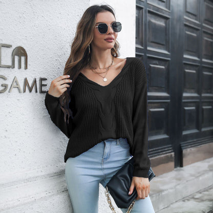 Women Twist V-neck Long-Sleeved Sweater Loose Autumn Winter Knitwear Women Clothing Sweater