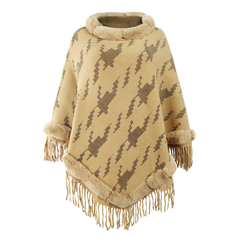 Clothing Sweater Autumn Winter New  Shawl Cape Sweater Fur Collar Tassel Coat For Women