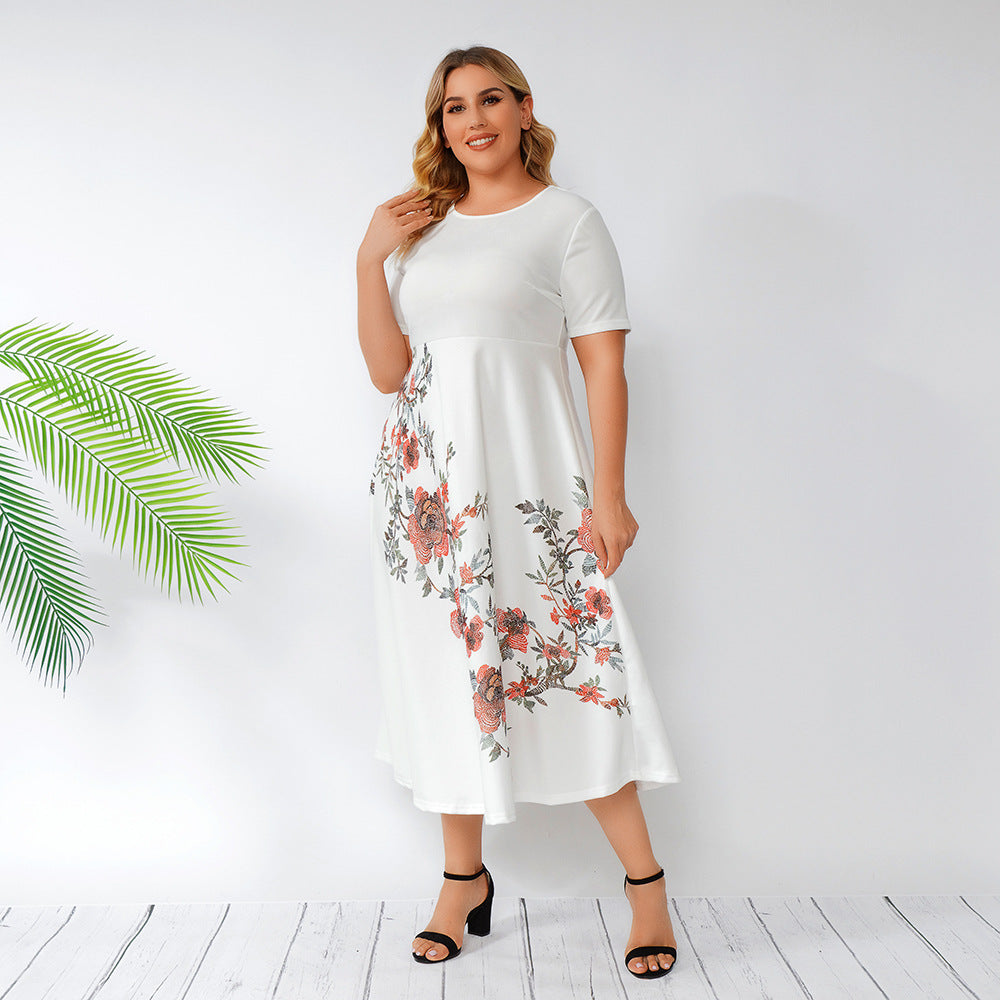 plus Size Women Clothing  Printed Solid Color Maxi Dress High Waist Slim Fit Ruffled  Women Clothing