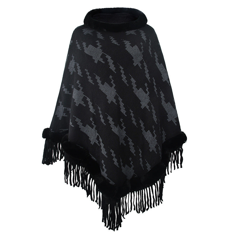 Clothing Sweater Autumn Winter New  Shawl Cape Sweater Fur Collar Tassel Coat For Women