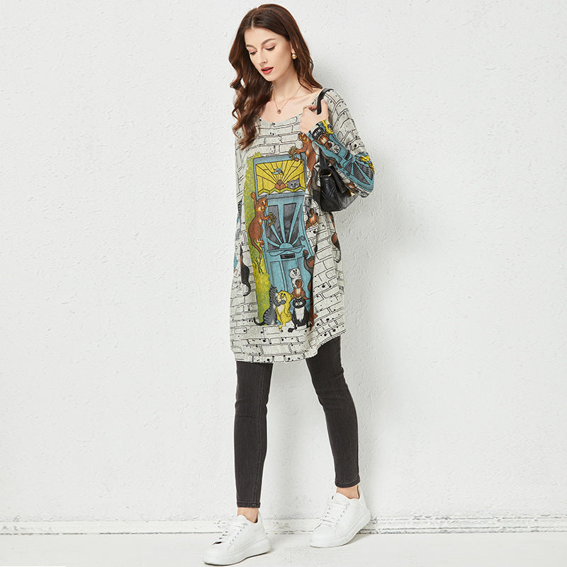 Cartoon Printed Sweater Women Loose Outer Wear Idle Style Temperament Top Mid-Length Bottoming Knitwear