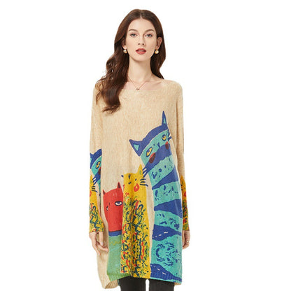 Spring 2022 Mid-Length Slimming Fashion Knitwear Simple Style Cat Printing Loose Sweater for Women
