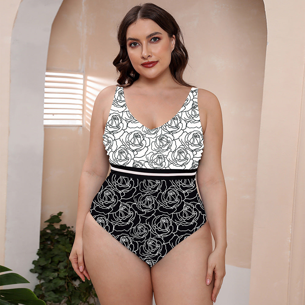 Spring Vacation Striped Vest Swimsuit Printed Plus Size One-Piece Women Swimsuit