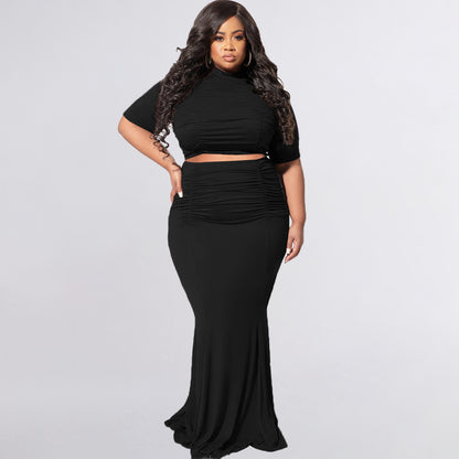 Solid Color Short Sleeve Casual Two-Piece Suit Plus Size Women Suit