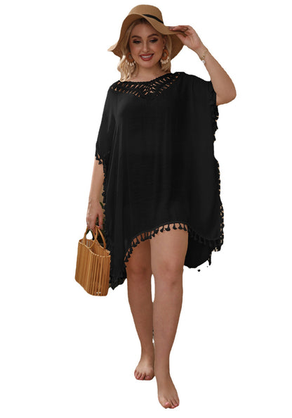 Plus Size Women Dress Hand Crocheting Stitching Sexy Backless Tassel Slit Loose Beach Cover-up Crochet