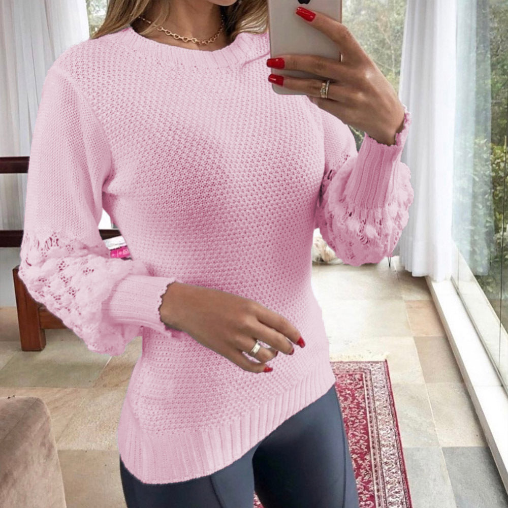 Leisure Commute Women Solid Color Hollow-out Lantern Sleeve Wool Long Sleeved Sweater