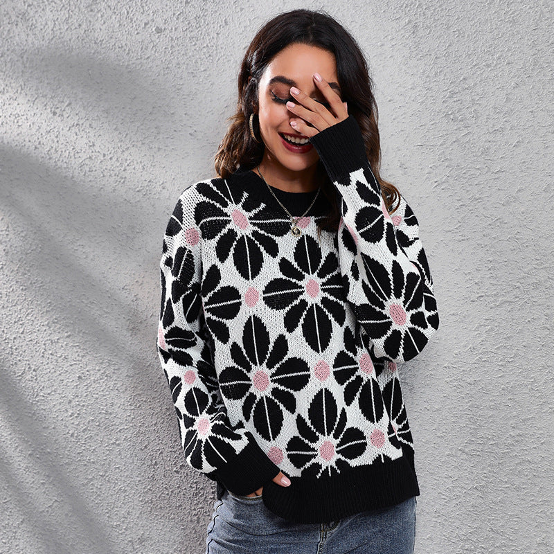 Floral Color Matching Drop-Shoulder Long-Sleeve Knitted Sweater Women  Loose Autumn Winter  Women Clothing