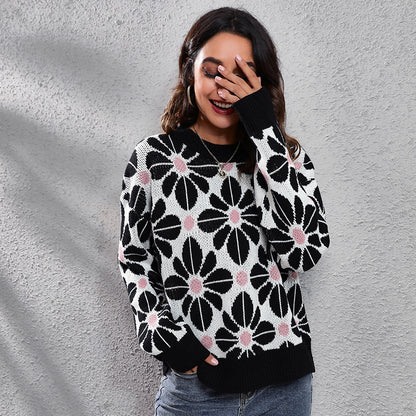 Floral Color Matching Drop-Shoulder Long-Sleeve Knitted Sweater Women  Loose Autumn Winter  Women Clothing