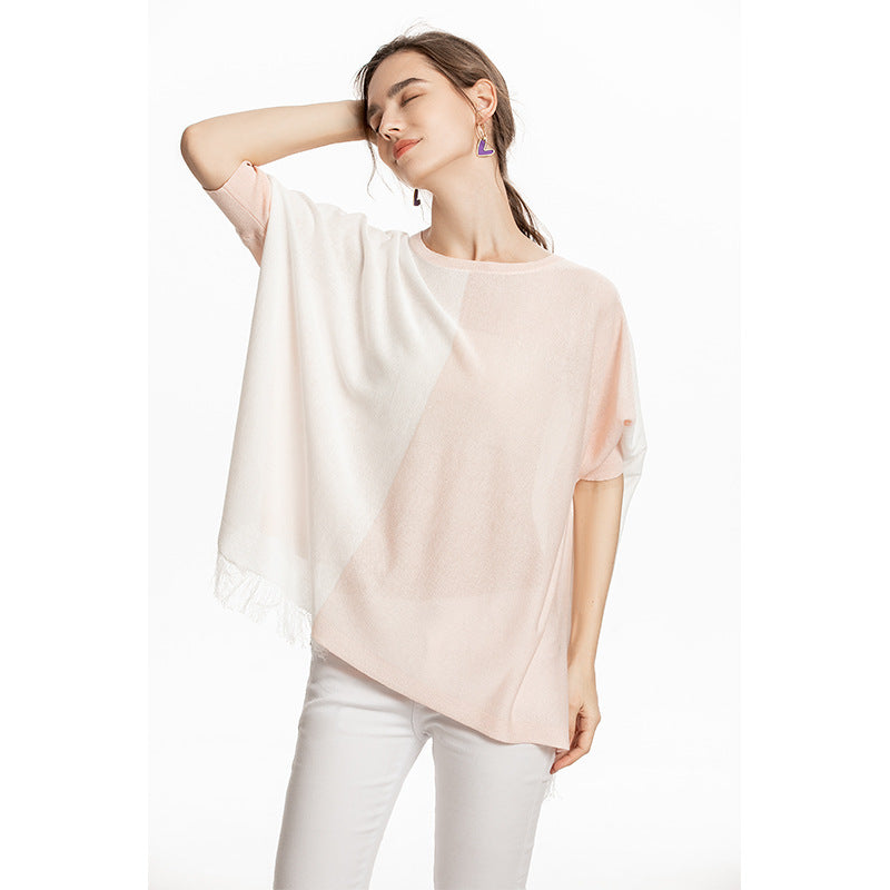round Neck Sleeve Sun-Proof Upper Garment Thin Loose Plus Size Contrast Color Knitwear Women