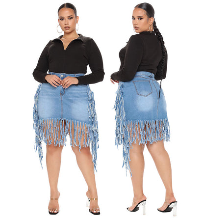 Plus Size Women Clothes Spring  Denim Skirt with Tassel